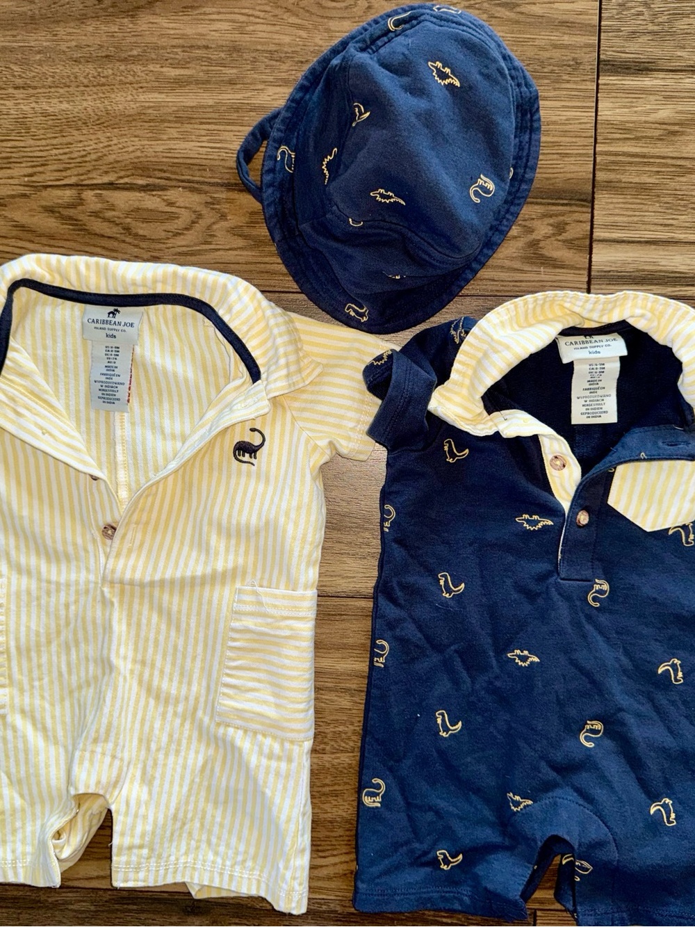 Caribbean Joe 6-9M- Yellow Stripe & Navy Dino Romper Set with Hat